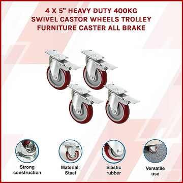 4 X 5" Heavy Duty 400kg Swivel Castor Wheels Trolley Furniture Caster All Brake - 0