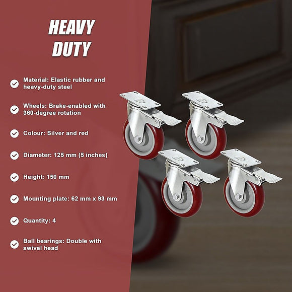 4 X 5" Heavy Duty 400kg Swivel Castor Wheels Trolley Furniture Caster All Brake
