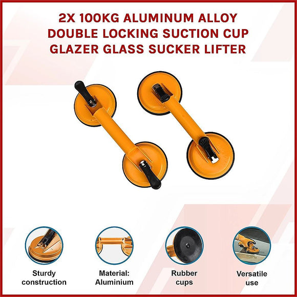 2x 100kg Aluminum Alloy Double Locking Suction Cup Glazer Glass Sucker Lifter
