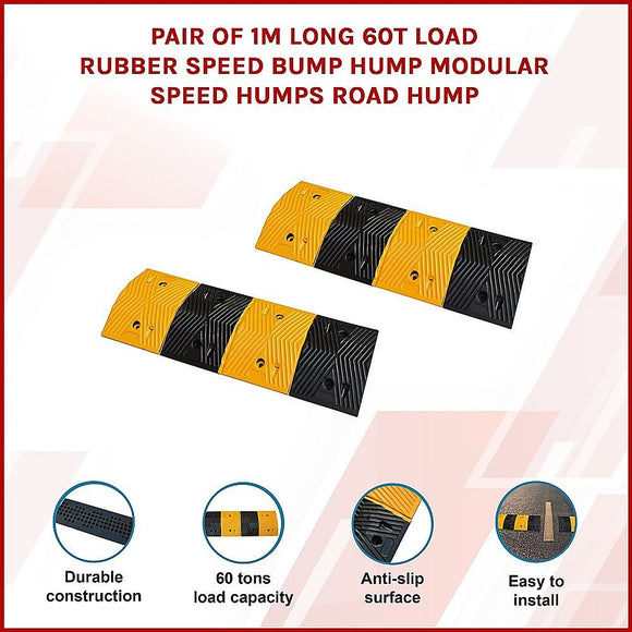 Pair of 1m Long 60T Load Rubber Speed Bump Hump Modular Speed Humps Road Hump
