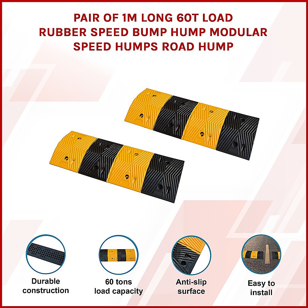 Pair of 1m Long 60T Load Rubber Speed Bump Hump Modular Speed Humps Road Hump