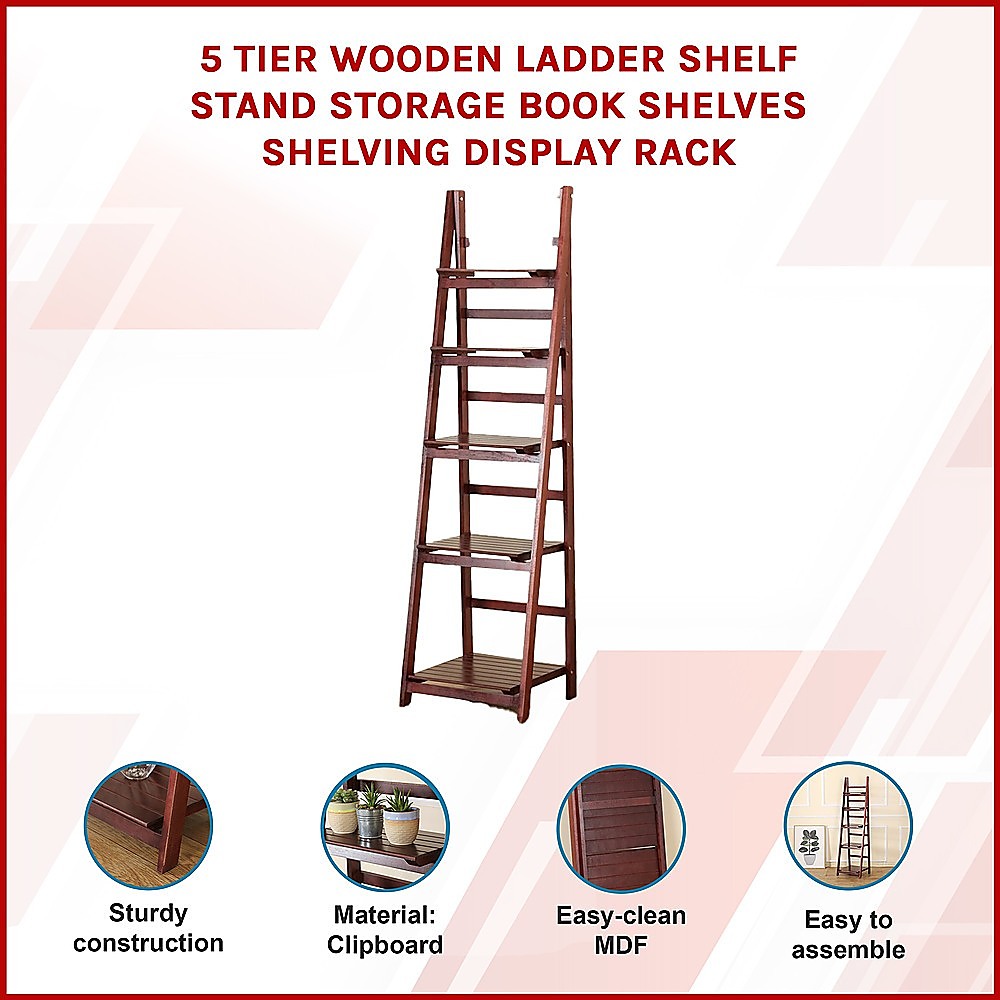 5 Tier Wooden Ladder Shelf Stand Storage Book Shelves Shelving Display Rack