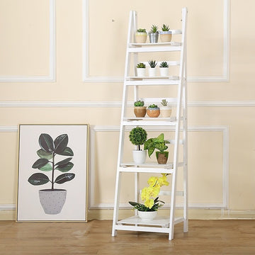 5 Tier Wooden Ladder Shelf Stand Storage Book Shelves Shelving Display Rack - 0