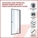 Adjustable Semi Frameless Shower Screen (82~90) x 195cm Australian Safety Glass-2