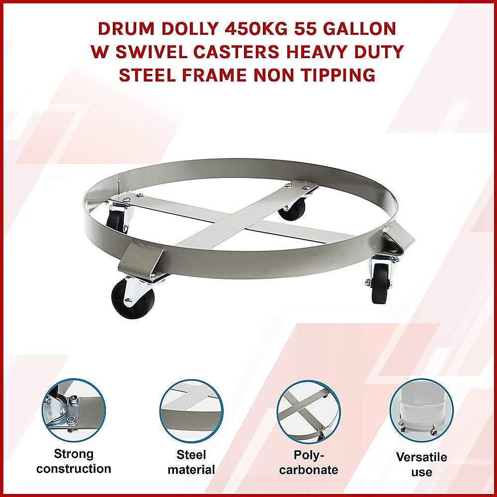 Drum Dolly 450kg 55 Gallon w Swivel Casters Heavy Duty Steel Frame Non Tipping