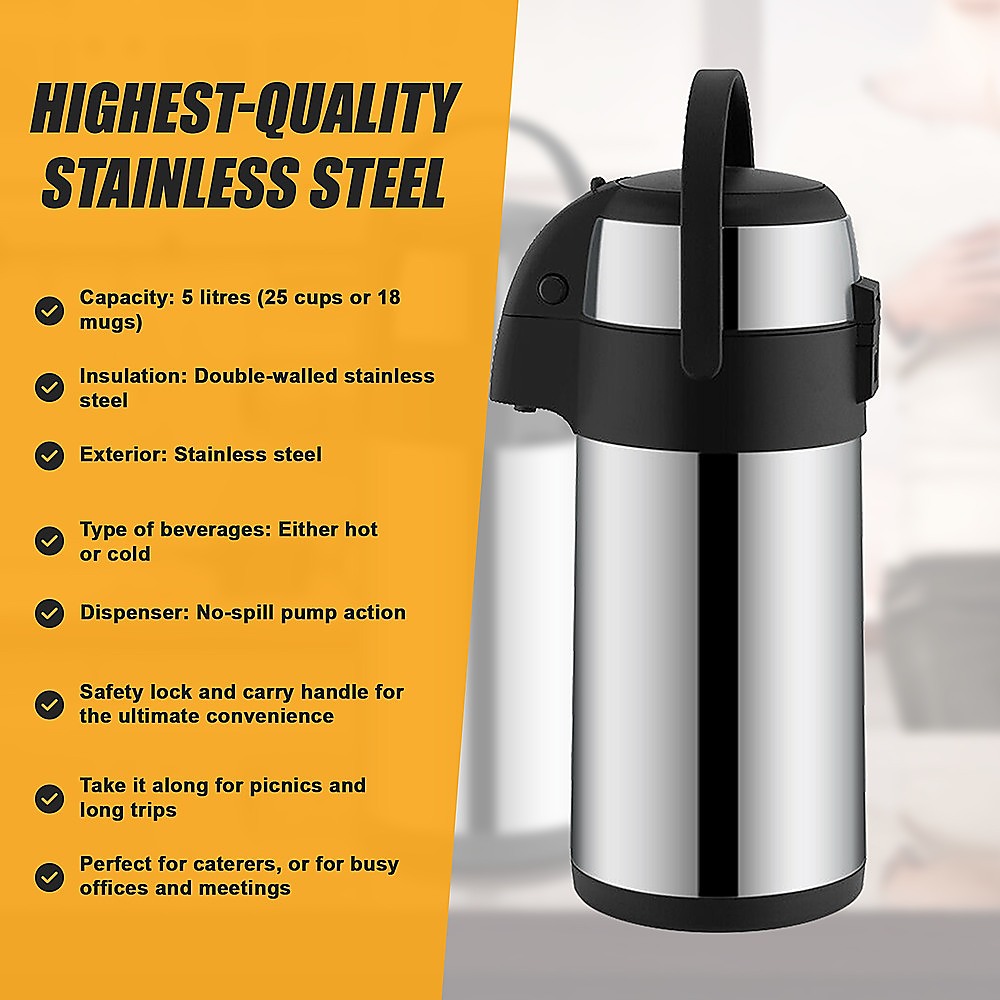 Air Pot for Tea Coffee 5L Pump Action Insulated Airpot Flask Drink Dispenser