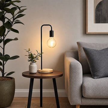 Modern Table lamp Desk Light Timber Base Bedside Bedroom Black - 0