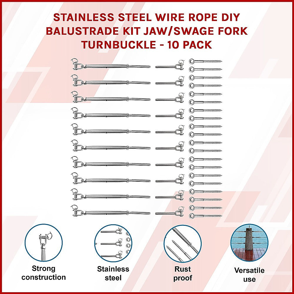 Stainless Steel Wire Rope DIY Balustrade Kit Jaw/Swage Fork Turnbuckle - 10 pack - 0