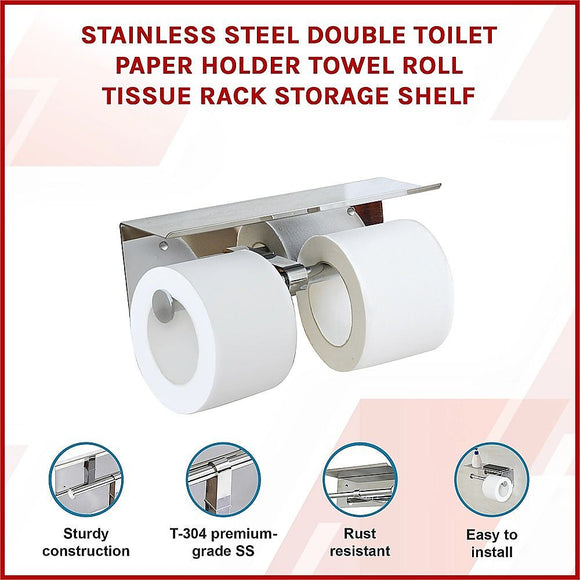 Stainless Steel Double Toilet Paper Holder Towel Roll Tissue Rack Storage Shelf