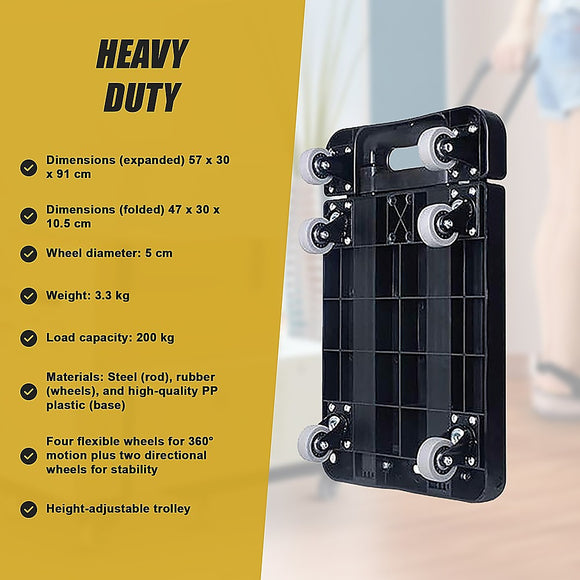 Foldable Hand Flatbed Trolley Cart 6 x 360 Degree Rotating Wheels with Maximum Load 200Kg