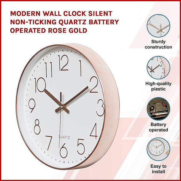 Modern Rose Gold Wall Clock – Silent Non-Ticking Quartz Battery Operated Design