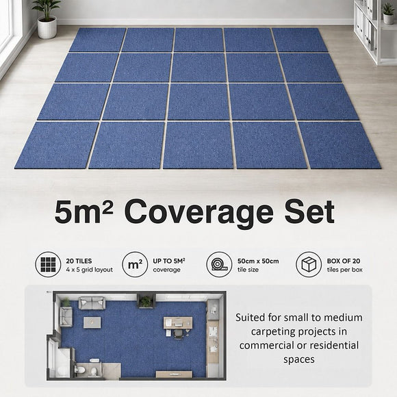 5m2 Box of Premium Carpet Tiles Commercial Domestic Office Heavy Use Flooring Blue