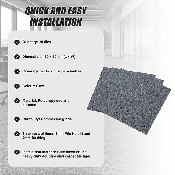 5m2 Box of Premium Carpet Tiles Commercial Domestic Office Heavy Use Flooring Grey