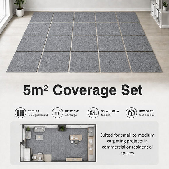 5m2 Box of Premium Carpet Tiles Commercial Domestic Office Heavy Use Flooring Grey