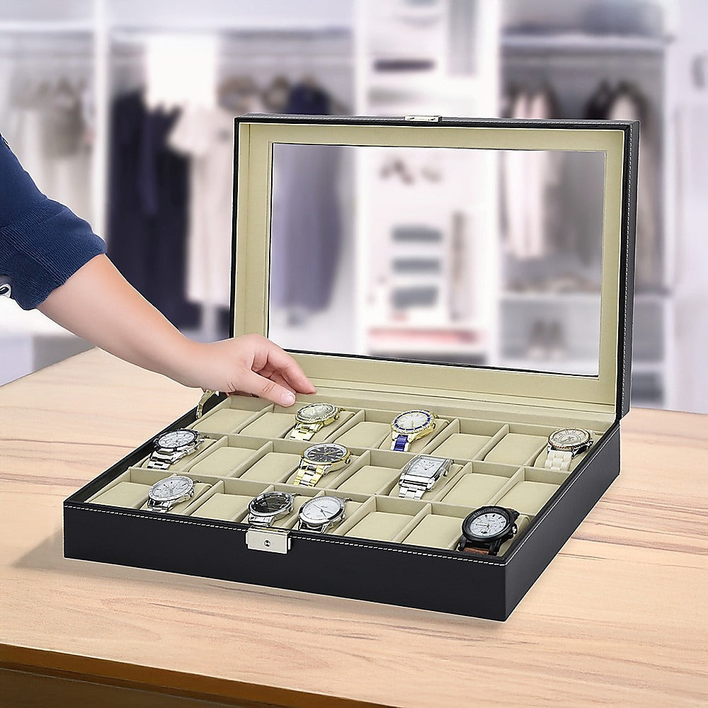 Watch Box - 24 Slot Luxury Display Case With Framed Glass Lid - 0