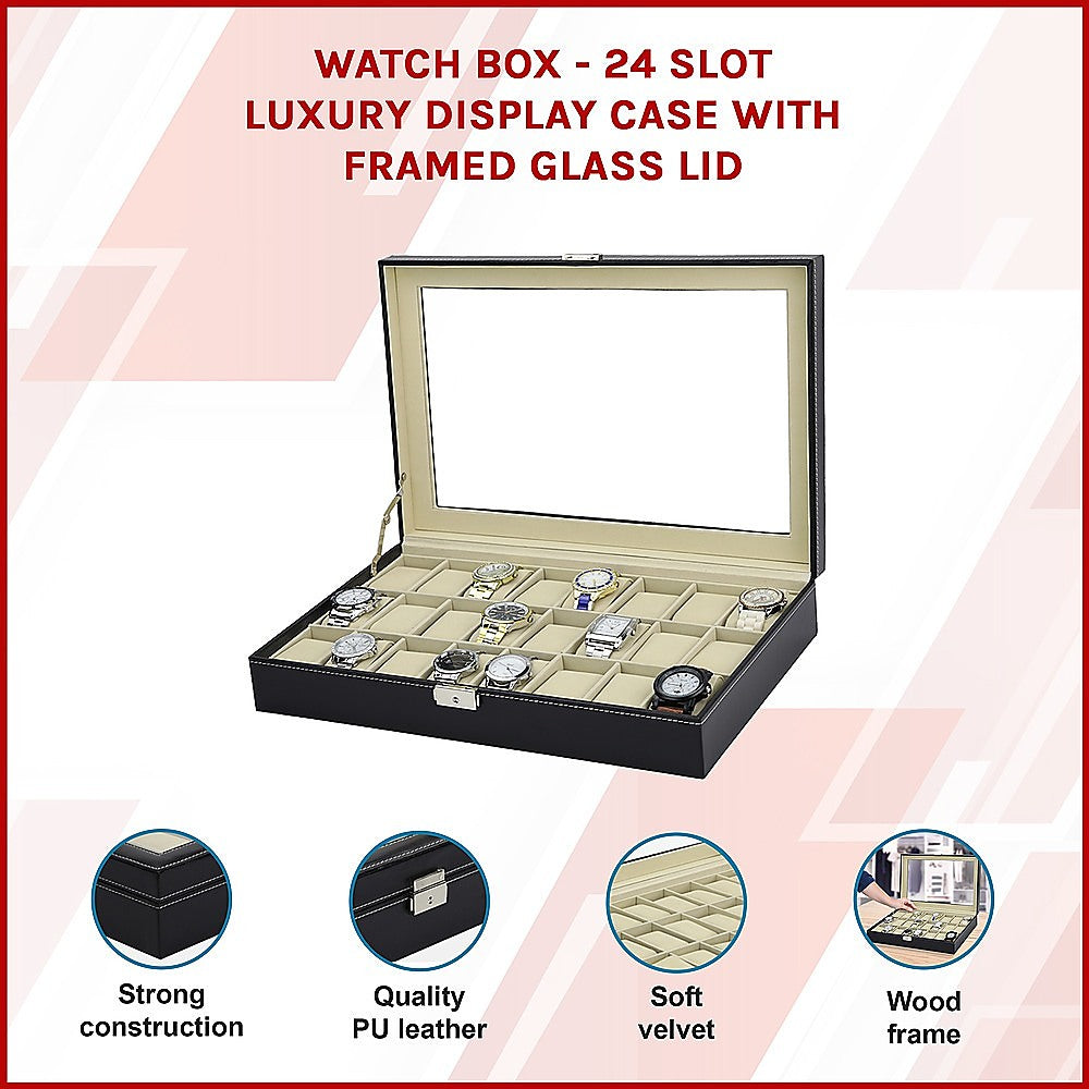 Watch Box - 24 Slot Luxury Display Case With Framed Glass Lid