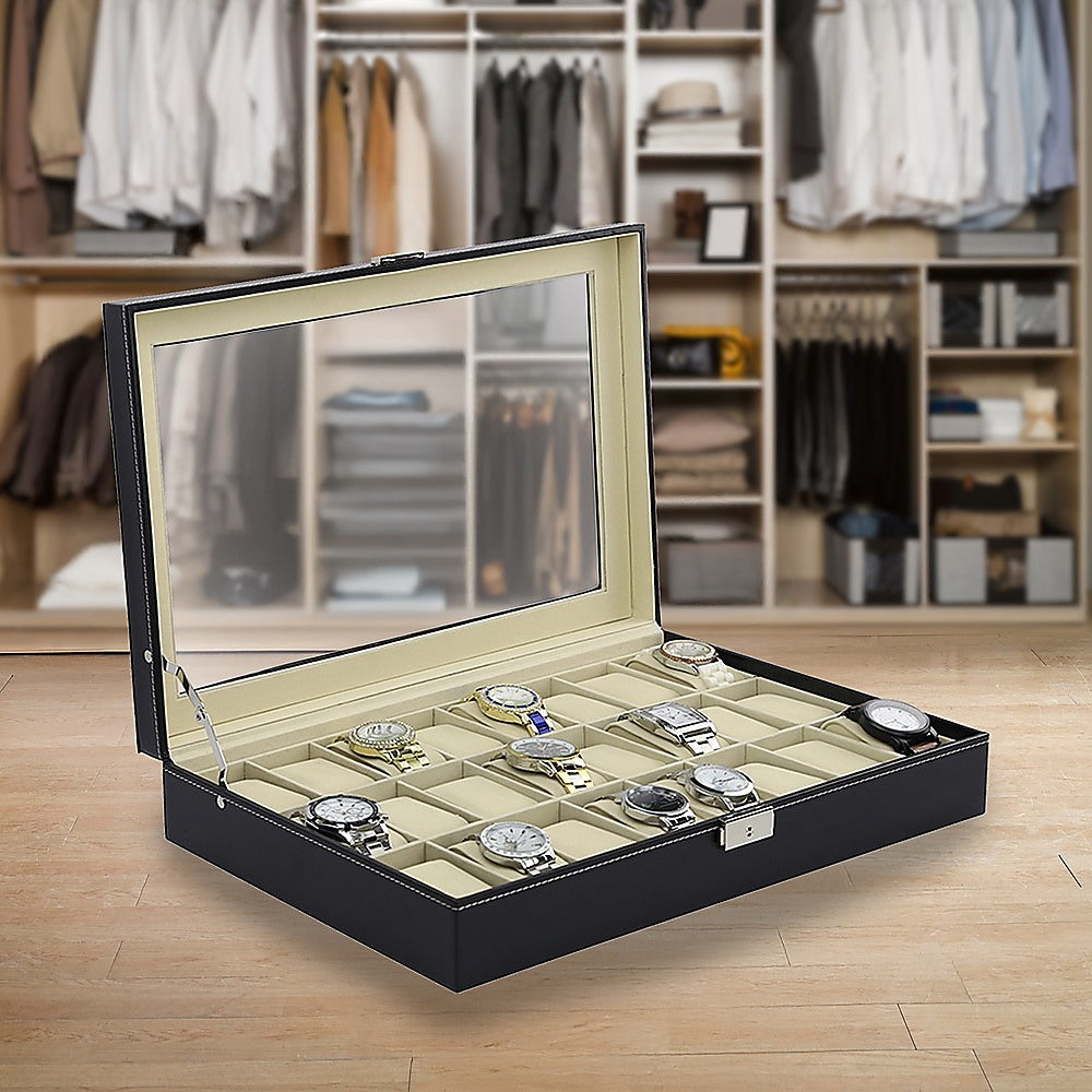 Watch Box - 24 Slot Luxury Display Case With Framed Glass Lid