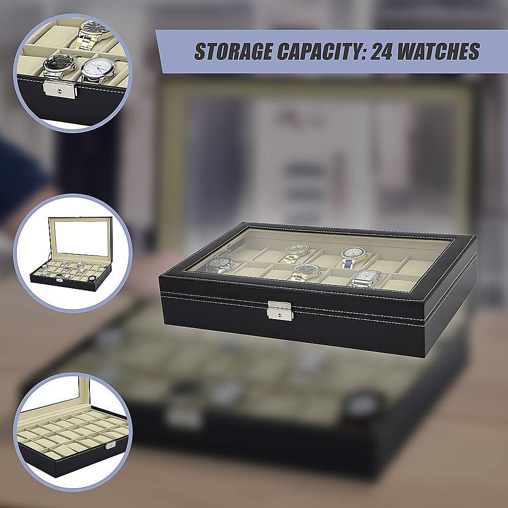 Watch Box - 24 Slot Luxury Display Case With Framed Glass Lid