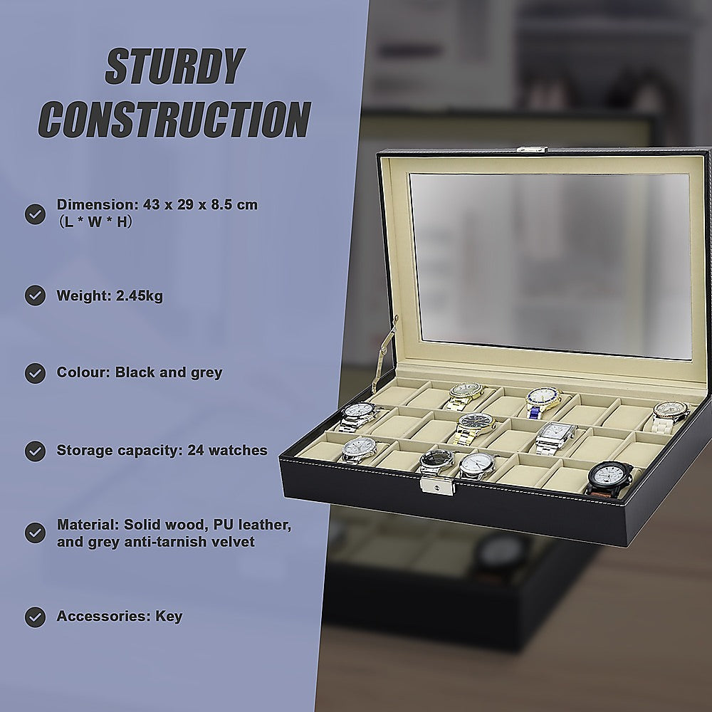 Watch Box - 24 Slot Luxury Display Case With Framed Glass Lid