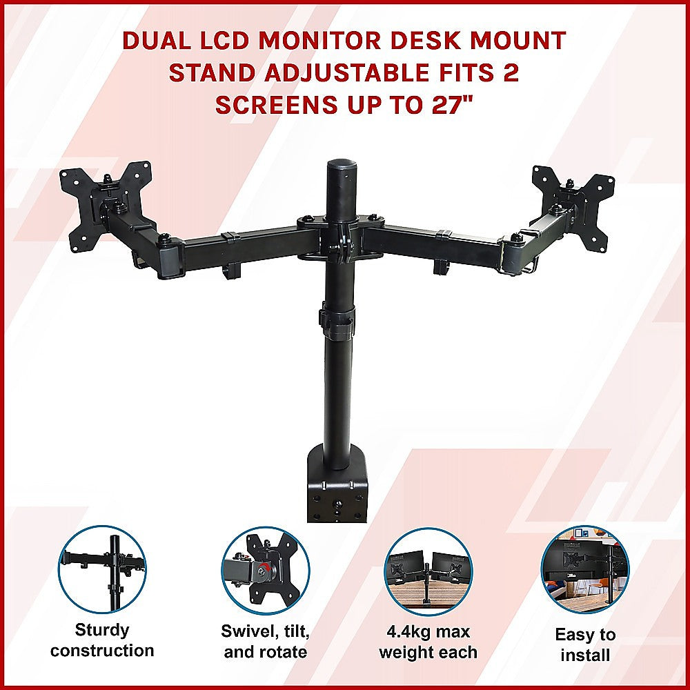 Dual LCD Monitor Desk Mount Stand Adjustable Fits 2 Screens Up To 27"