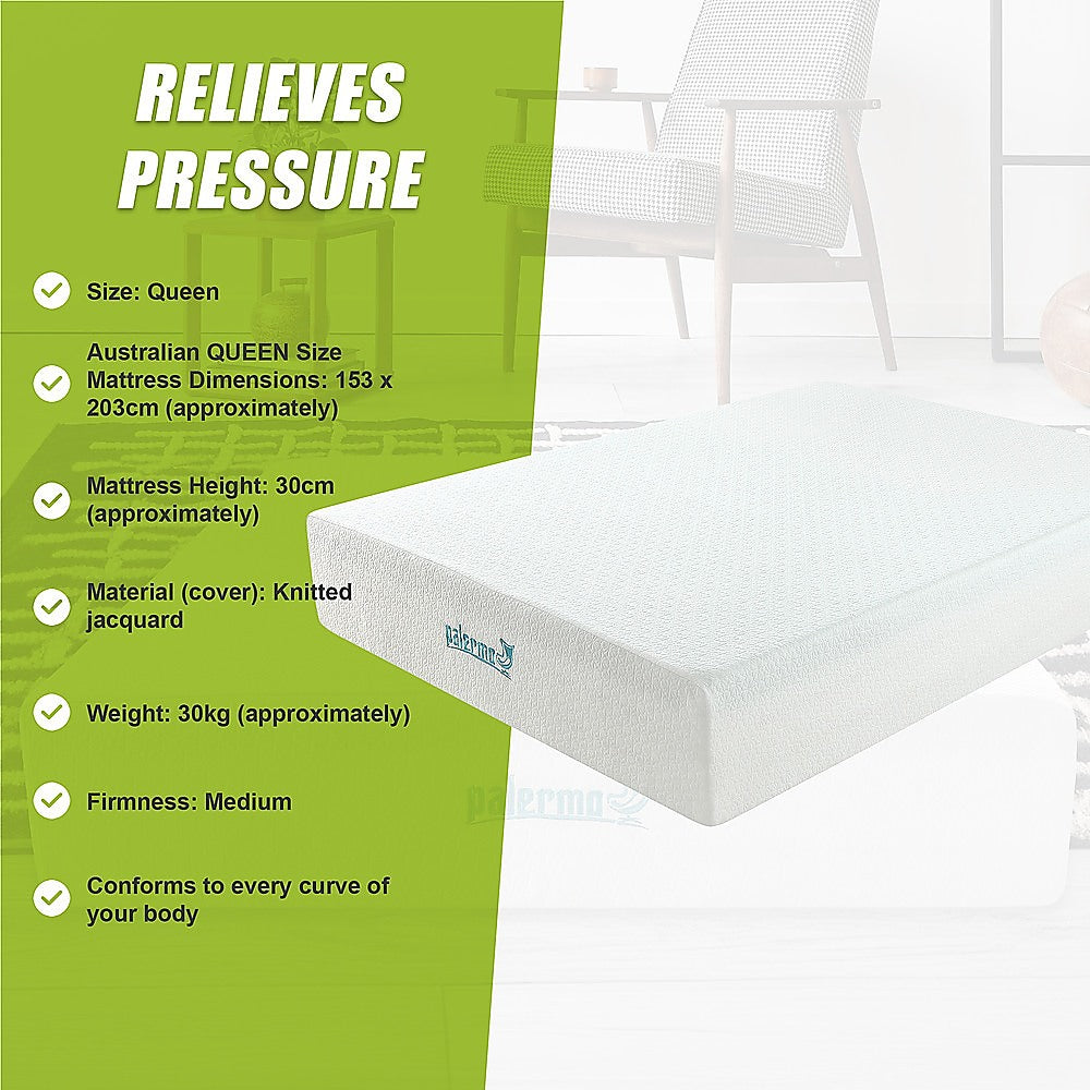 Palermo Queen Mattress 30cm Memory Foam Green Tea Infused CertiPUR Approved