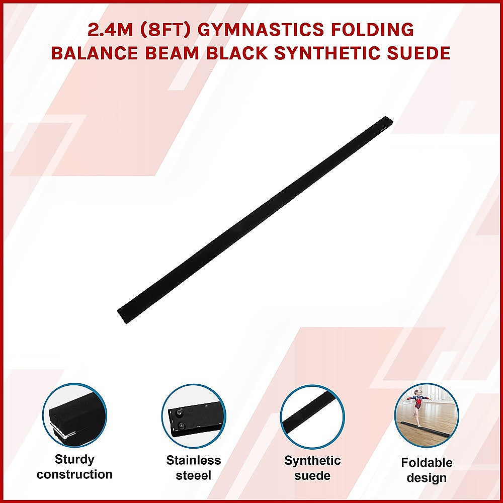 2.4m (8FT) Gymnastics Folding Balance Beam Black Synthetic Suede