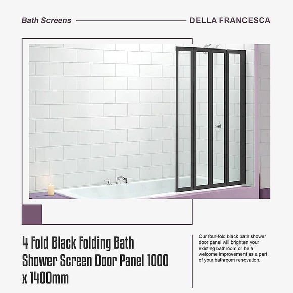 4 Fold Black Folding Bath Shower Screen Door Panel 1000 x 1400mm