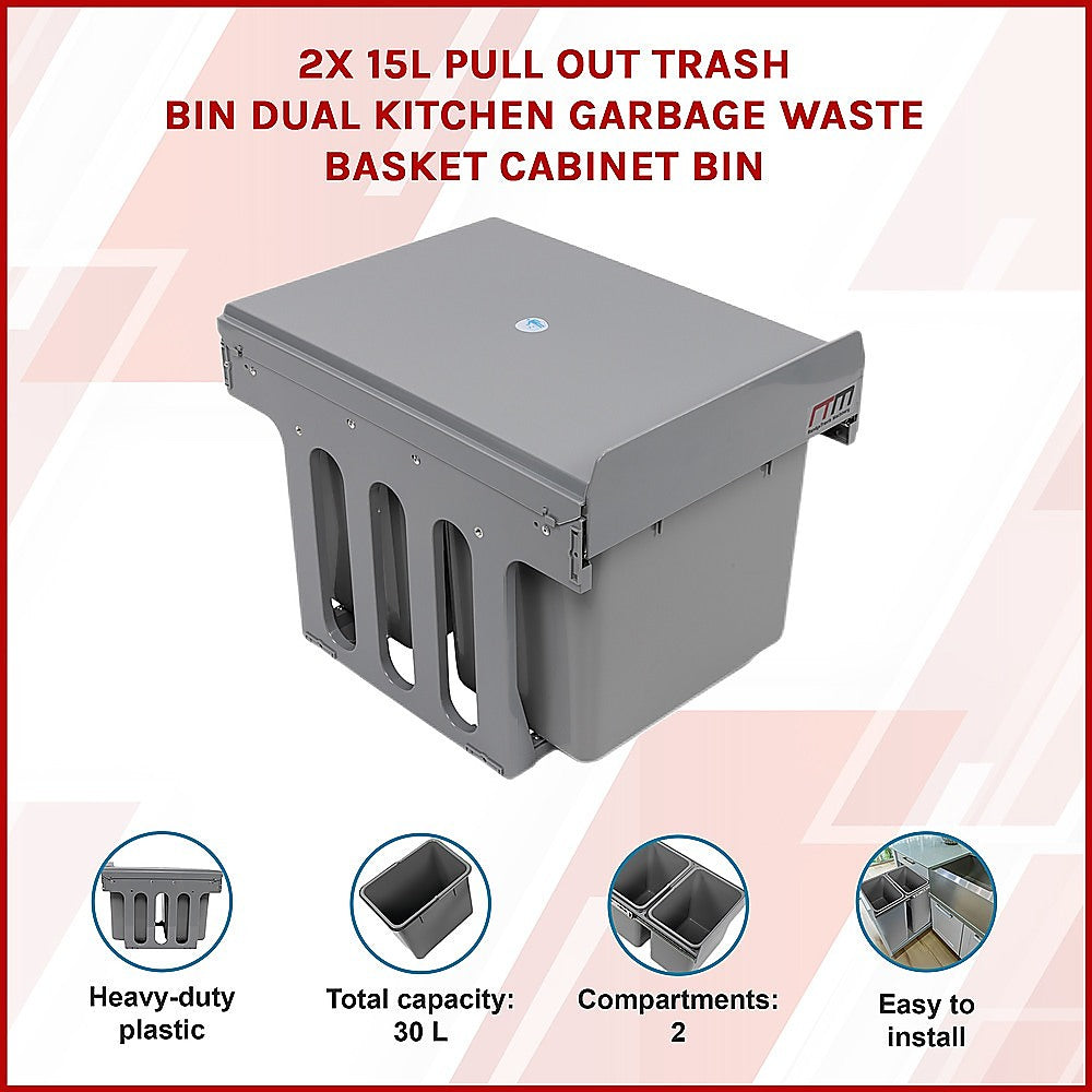 2x 15L Pull Out Trash Bin Dual Kitchen Garbage Waste Basket Cabinet Bin