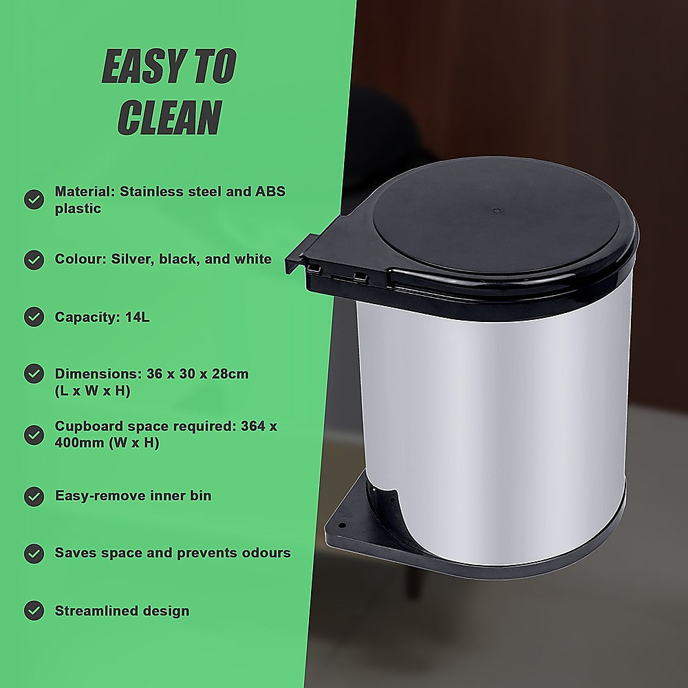 Kitchen Swing Pull Out Bin Stainless Steel Garbage Rubbish Waste Trash Can 14L