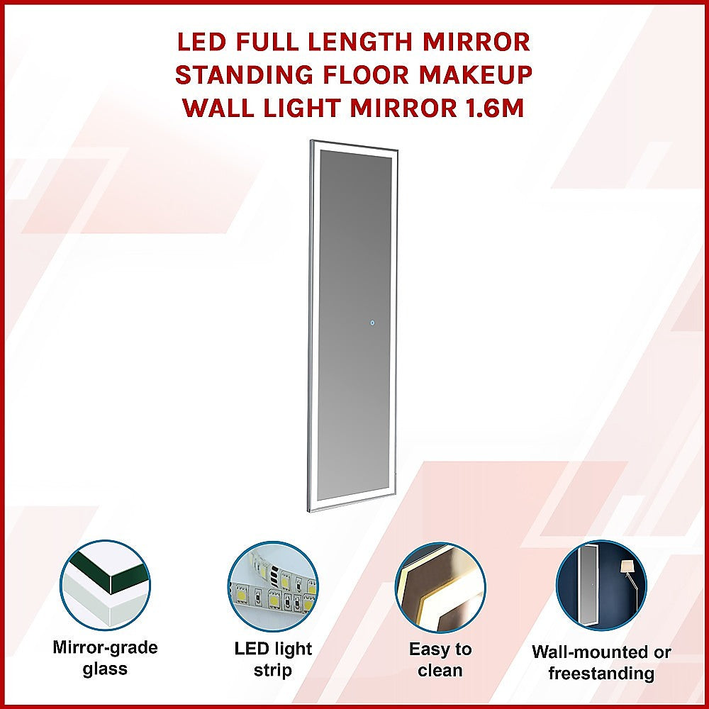 LED Full Length Mirror Standing Floor Makeup Wall Light Mirror 1.6M - 0