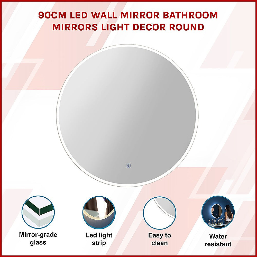 90cm LED Wall Mirror Bathroom Mirrors Light Decor Round - 0