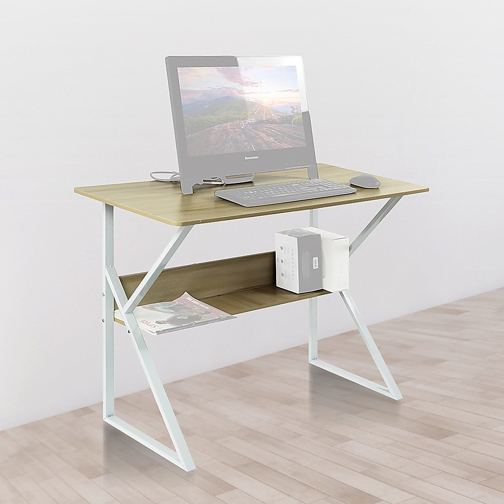 Wood & Metal Computer Desk with Shelf Home Office Furniture - 0