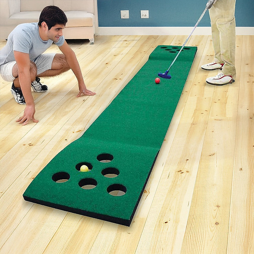 Golf Beer Pong Game Toy Set Green Golf Putting Matt with 2 Putters, 6 Balls - 0