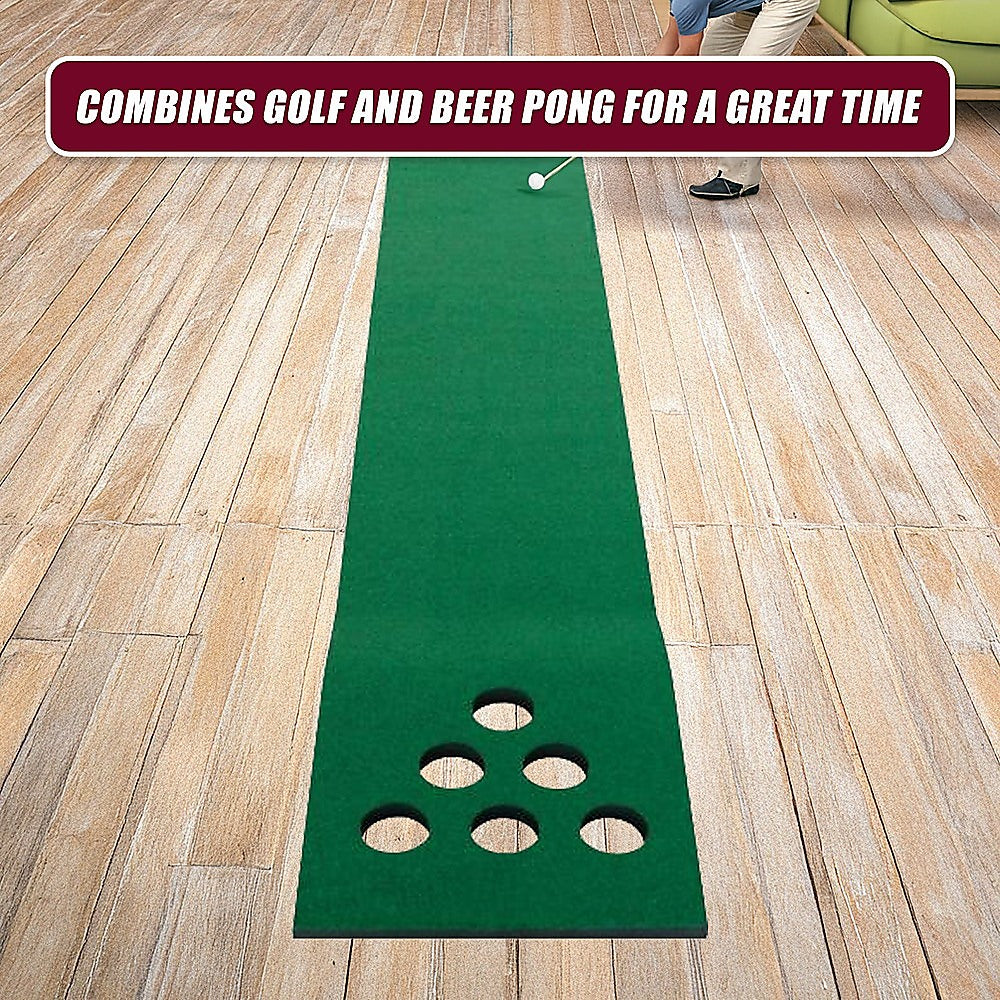 Golf Beer Pong Game Toy Set Green Golf Putting Matt with 2 Putters, 6 Balls