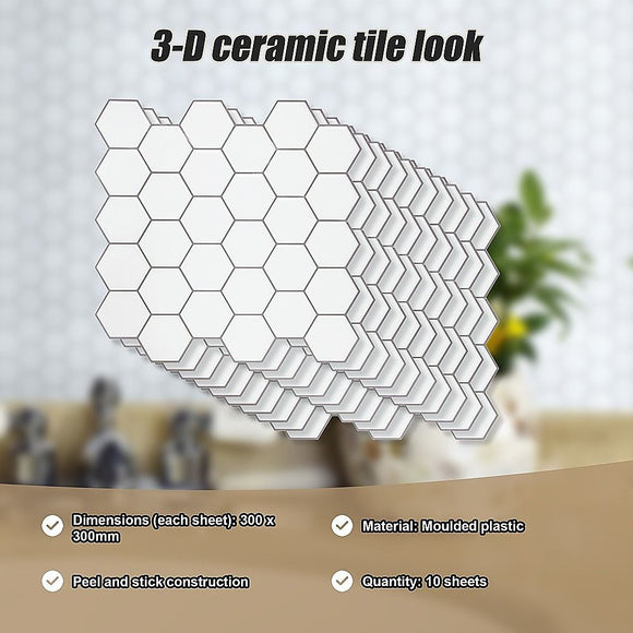 Tiles 3D Peel and Stick Wall Tile Hexagon White (30cm x 30cm x 10 sheets)