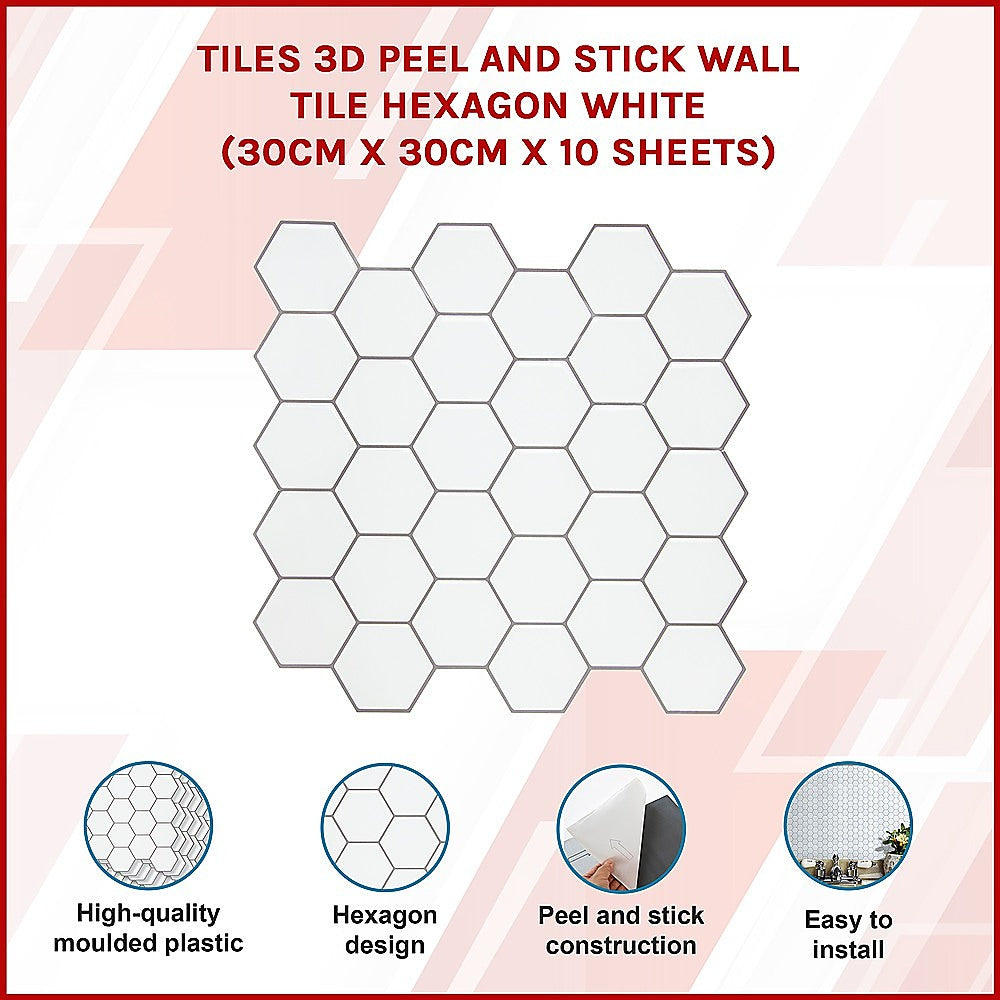 Tiles 3D Peel and Stick Wall Tile Hexagon White (30cm x 30cm x 10 sheets)