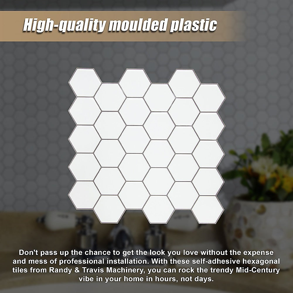 Tiles 3D Peel and Stick Wall Tile Hexagon White (30cm x 30cm x 10 sheets)