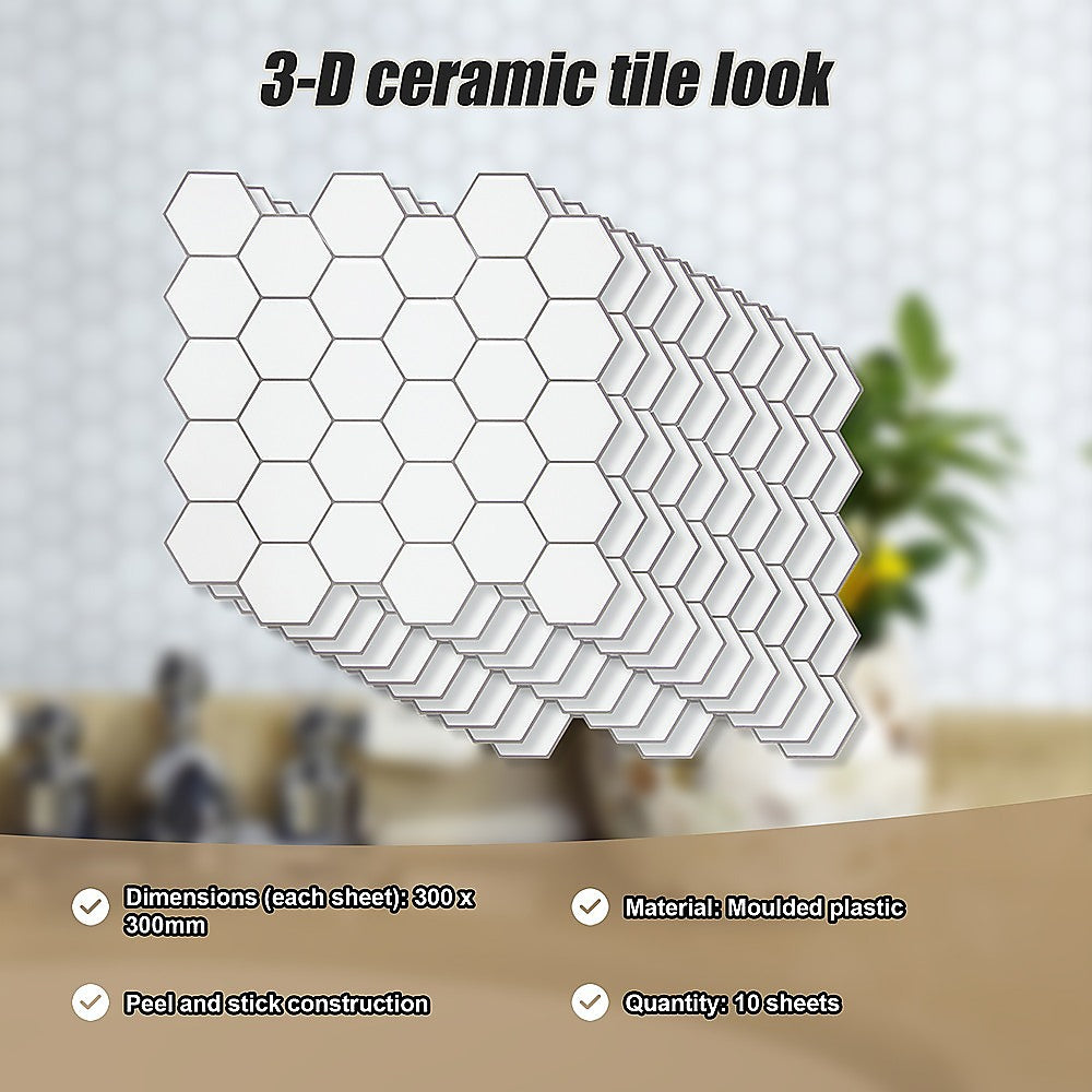 Tiles 3D Peel and Stick Wall Tile Hexagon White (30cm x 30cm x 10 sheets)