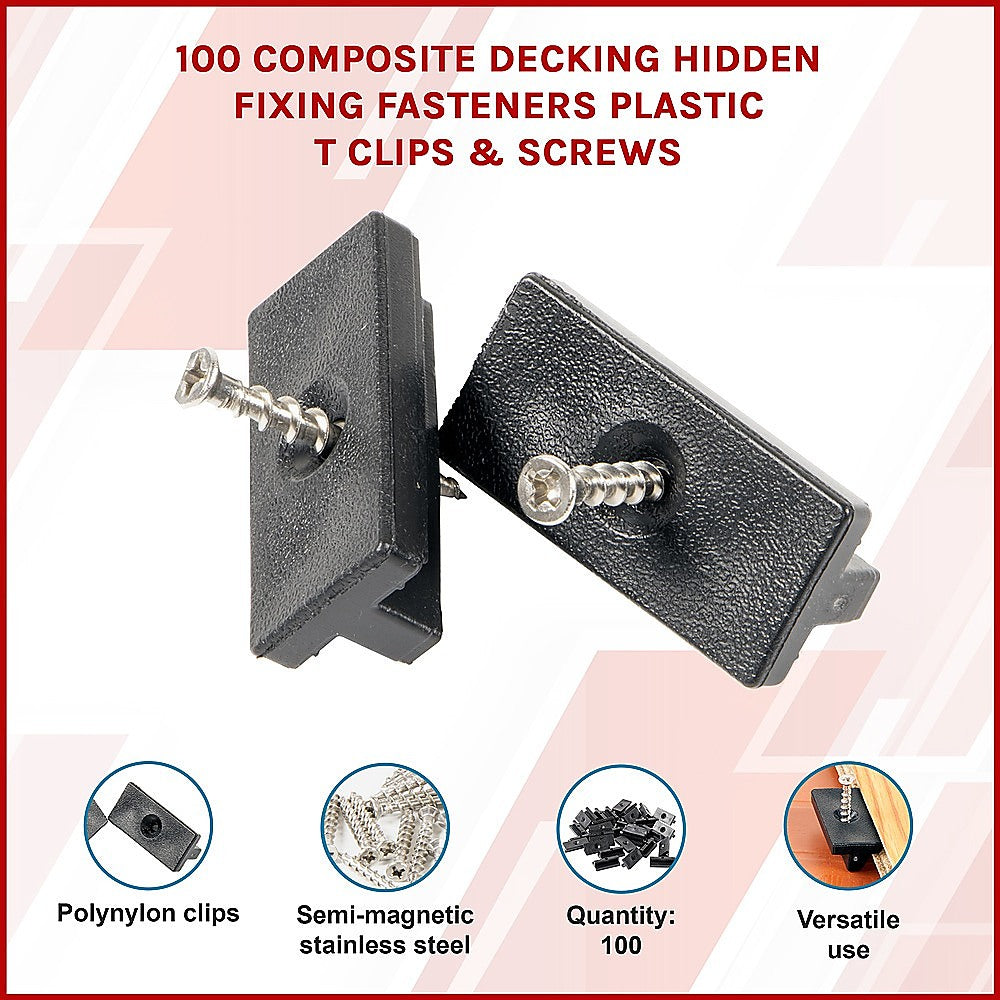 100 Composite Decking Hidden Fixing Fasteners Plastic T Clips & Screws