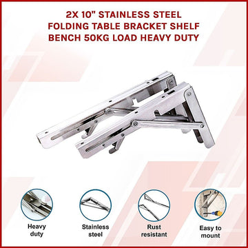 2x 10" Stainless Steel Folding Table Bracket Shelf Bench 50kg Load Heavy Duty - 0