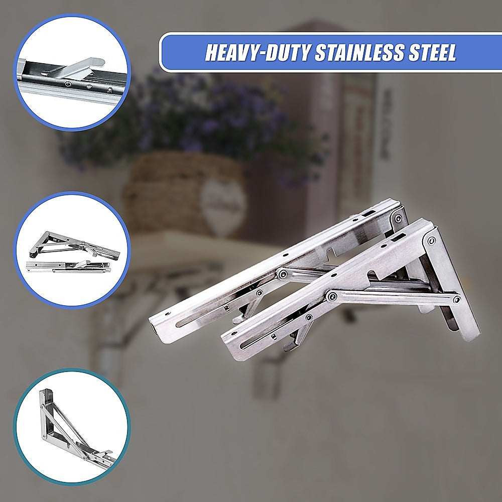 2x 10" Stainless Steel Folding Table Bracket Shelf Bench 50kg Load Heavy Duty