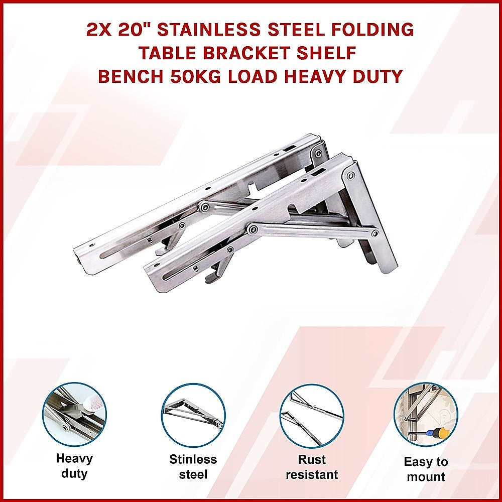 2x 20" Stainless Steel Folding Table Bracket Shelf Bench 50kg Load Heavy Duty - 0