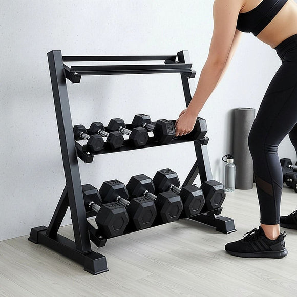 Dumbbell Rack Storage Stand Hex Weight Heavy Duty 3 Tier Wide Home Gym Fitness