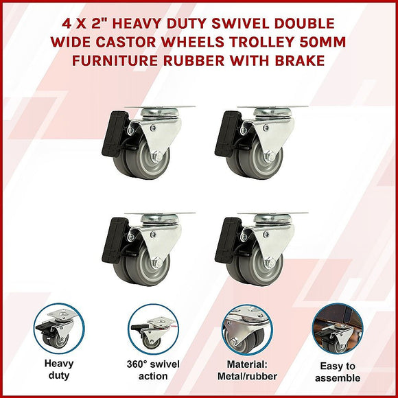 4x 2 Inch Heavy Duty Swivel Castor Wheels 50mm Brake