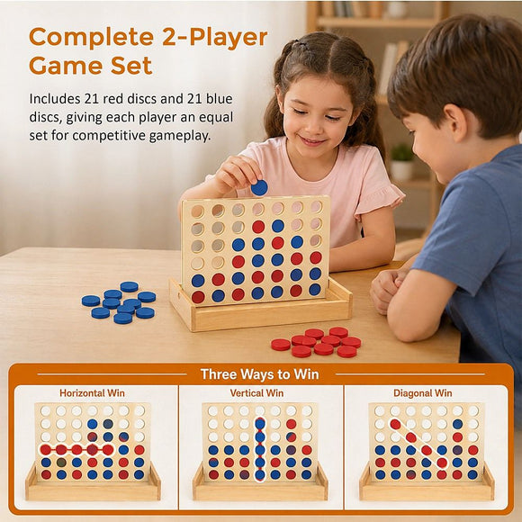 Wooden 4 in a Row Game Classic Family Board Game Educational Toy for Kids & Children