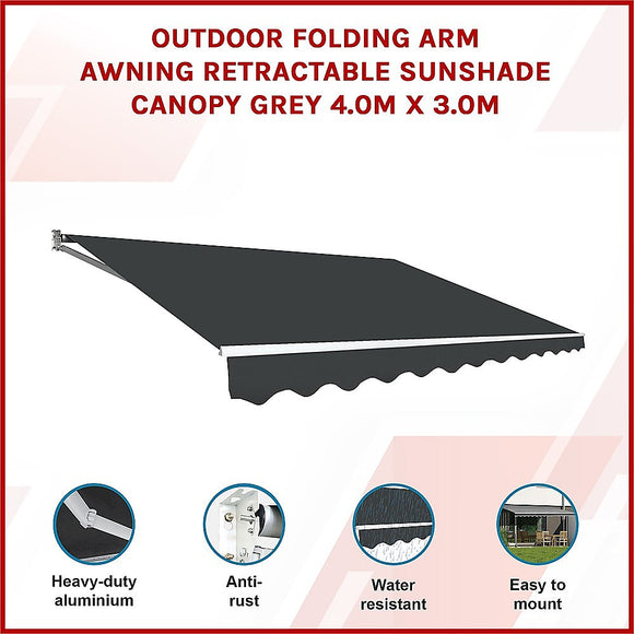 Outdoor Folding Arm Awning Retractable Sunshade Canopy Grey 4.0m x 3.0m