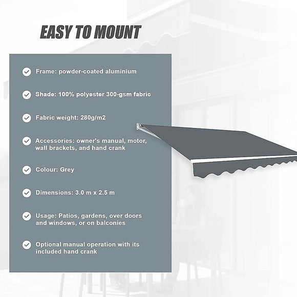 Motorised Outdoor Folding Arm Awning Retractable Sunshade Canopy Grey 3.0m x 2.5m