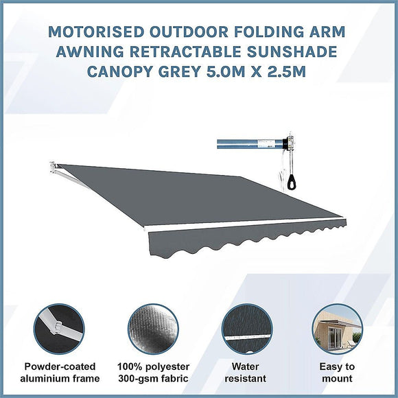 Motorised Outdoor Folding Arm Awning Retractable Sunshade Canopy Grey 5.0m x 2.5m
