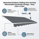 Motorised Outdoor Folding Arm Awning Retractable Sunshade Canopy Grey 5.0m x 2.5m-10
