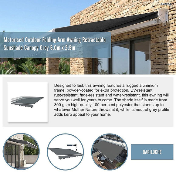 Motorised Outdoor Folding Arm Awning Retractable Sunshade Canopy Grey 5.0m x 2.5m